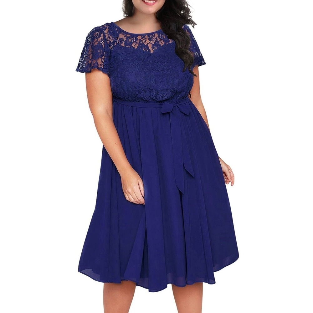 Nemidor  Scooped Neckline Floral lace Top Plus Size Cocktail Party Midi Dress‎